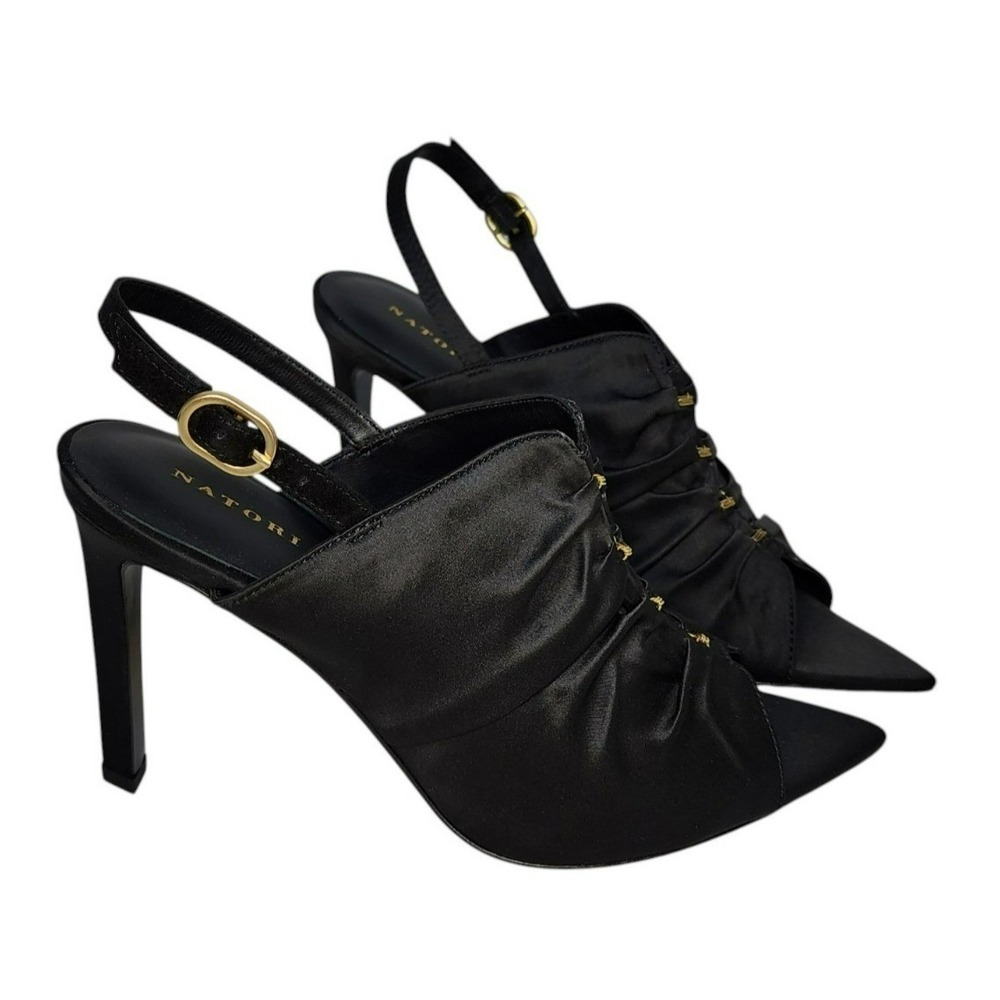 Natori Reen Black Satin Pointed Toe Slingback Sandals 8M - NEW in Box